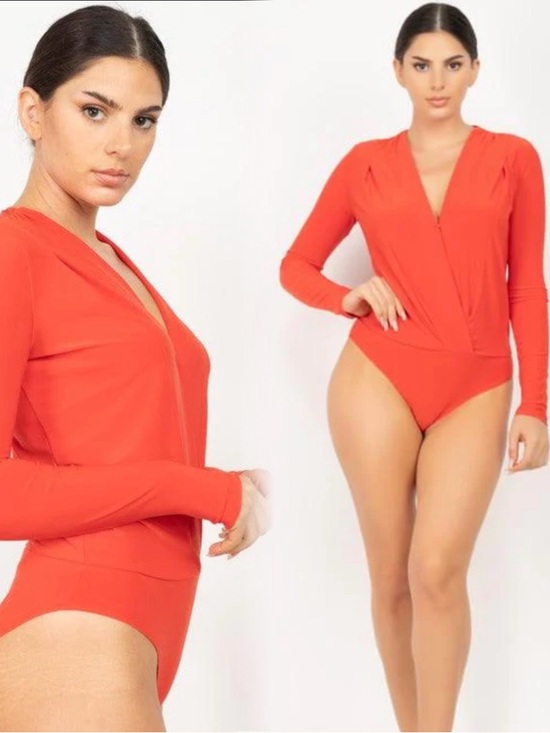 Blashe Tops - V-Neck Long Sleeve Wrap Bodysuit in Coral Red
